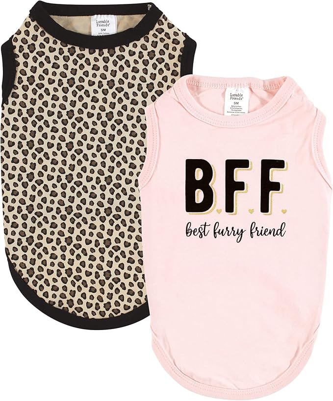 Luvable Friends Dog Pet Dog and Cats Cotton T-Shirts 2pk, BFF Leopard, Medium