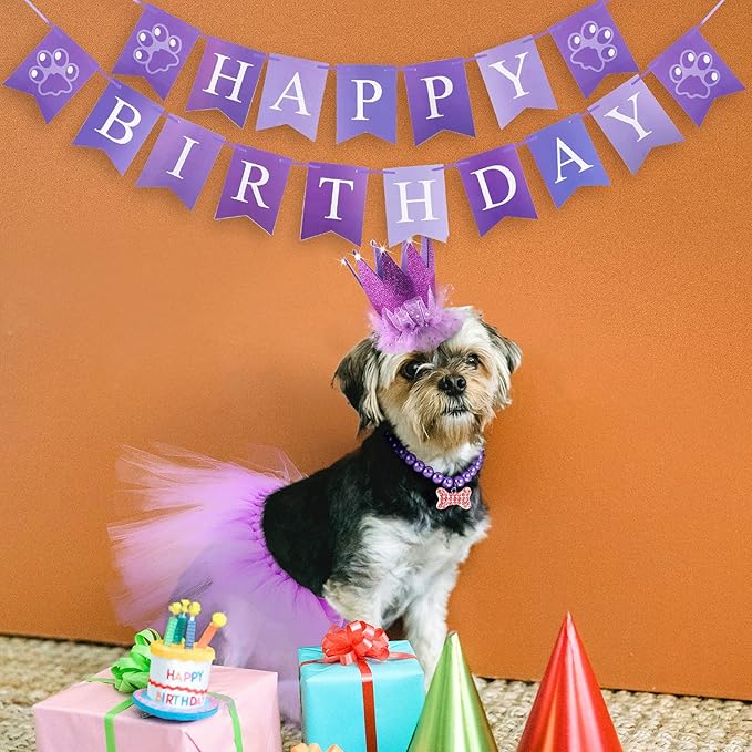 4-Piece Dog Birthday Outfit: Pet Tutu Skirt, Puppy Pearl Necklace, Cat Crown Hat, and Happy Birthday Banner for Pet Party Supplies