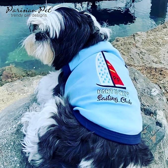 Parisian Pet Dog Tshirt - Embroidered “Sailing Club“ Lightweight Tank Top - 100% Cotton Dog Summer Clothes - Sleeveless Tee Shirts for Large Dogs - Pet Vest - L