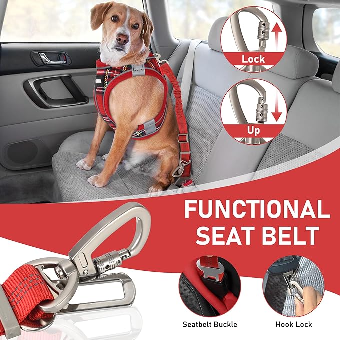 GAMUDA Dog Harness, Collar and Seat Belt Set, Vehicle Safety Harness, Retractable Adjustable Pet Seatbelts with Travel Strap and Carabiner for Most Cars (Red, L)