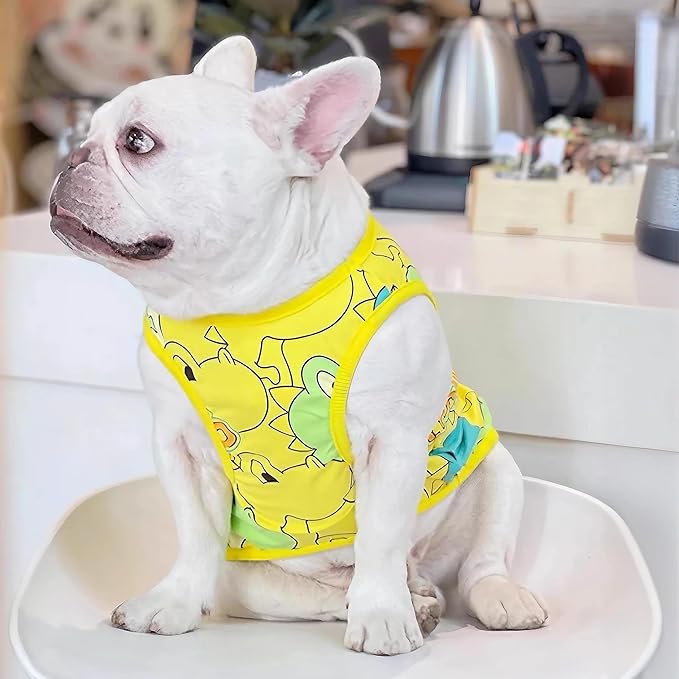 Dog Shirts for Small Medium Dogs French Bulldog Clothes,Funny Dog Dinosaur Shirts Frenchie Clothes for Pets, Breathable Puppy Sweatshirts Cotton Tank Top Costume Cats Tshirts,Yellow,S