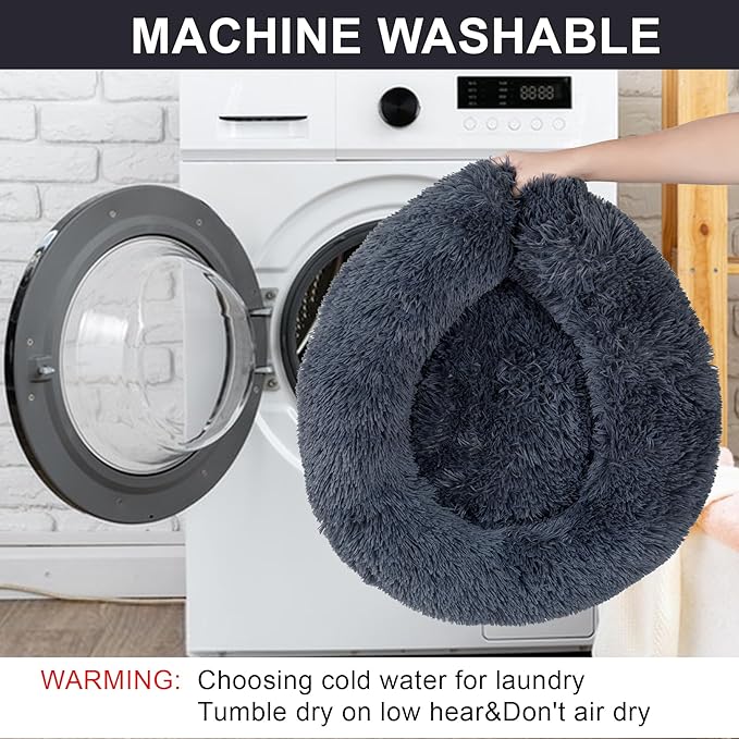 Dog Calming Beds for Small Medium Large Dogs - Round Donut Washable Puppy Dog Bed, Anti-Slip Faux Fur Fluffy Donut Cuddle Anxiety Cat Pet Bed(16" Dark Grey)