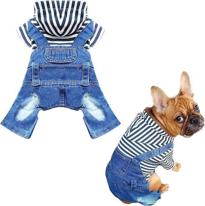 Small Dog Hoodie Clothes Cute Stripe Shirts Denim Jumpsuit One-Piece Outfit for Small Medium Dogs Cats Boy Girl Chihuahua Blue Jeans Overalls Puppy Costume (Blue,S)