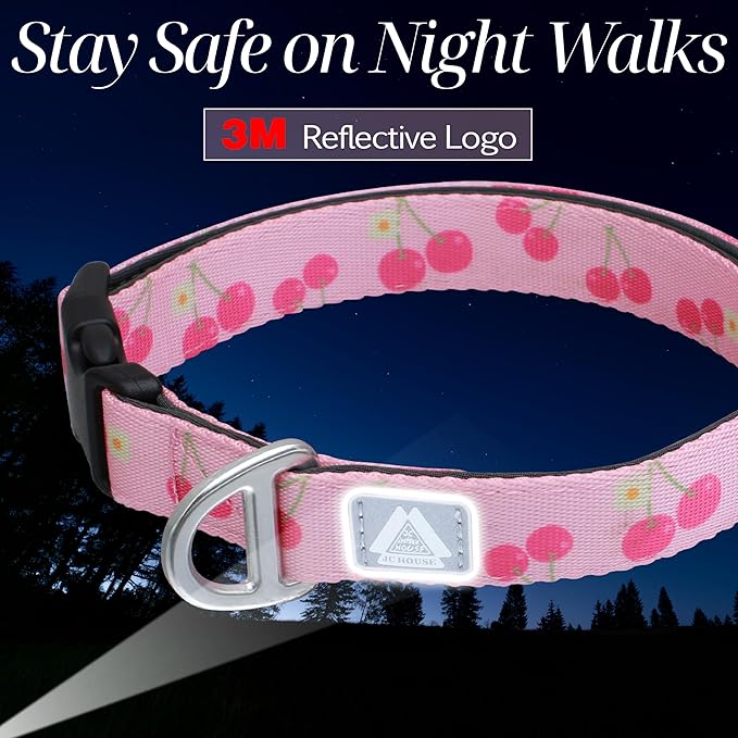 Girl Dog Collar, Pink Cute Cherry Pattern Adjustable Breathable Collar with Reflective Logo, Comfortable Padded Design Fits for Medium, Large Dogs, Neck Size 12’’-20’’ (Cherry, M)