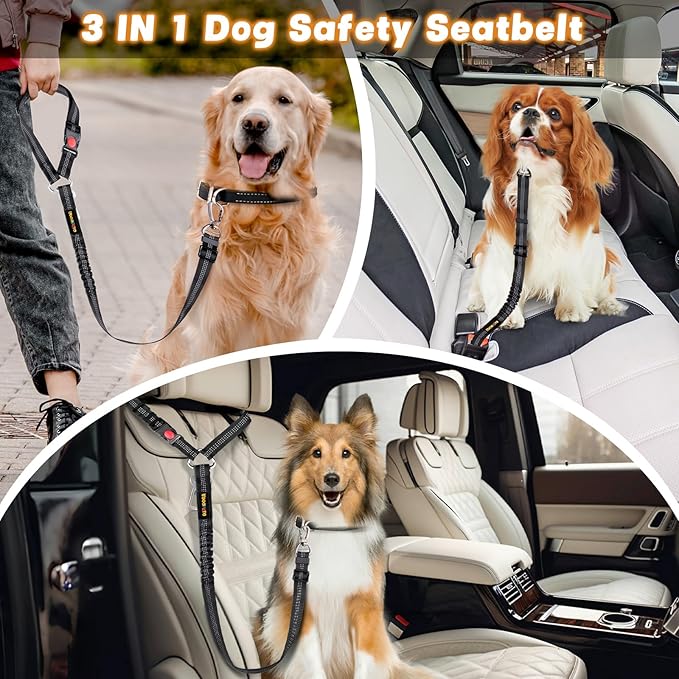 Dog Seat Belt Harness for Car, Dog Car Leash with Car Headrest & Buckle, Reflective Short Dog Leash, Pet 12 Inch Heavy Duty Leash for Dogs with Padded Handle & Locking Carabiner Clip, Black