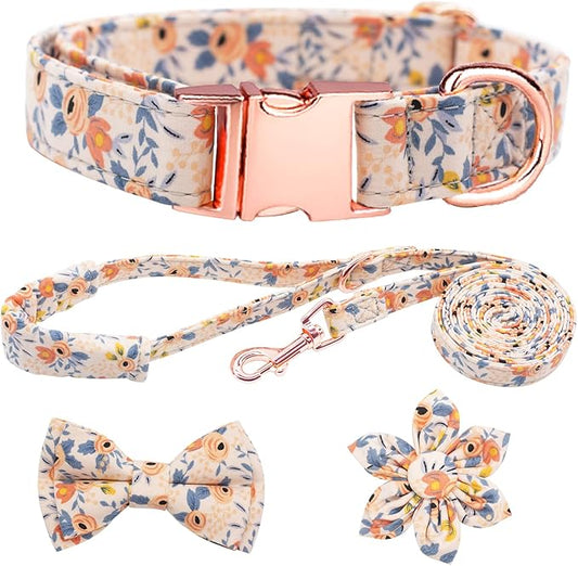 Dog Collar and Leash Set Girls Adjustable Puppy Collars with Floral Bow Tie for Small Medium Large Female Dogs, Orange Flower, M