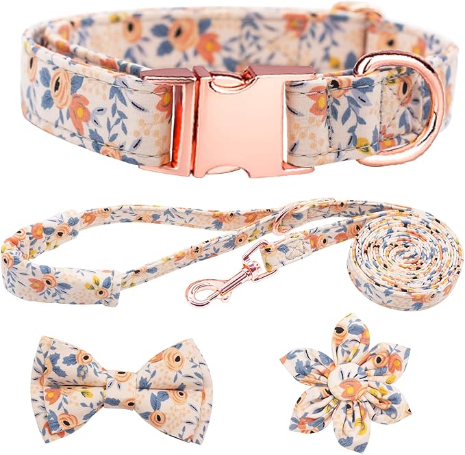 Dog Collar and Leash Set Girls Adjustable Puppy Collars with Floral Bow Tie for Small Medium Large Female Dogs, Orange Flower, S