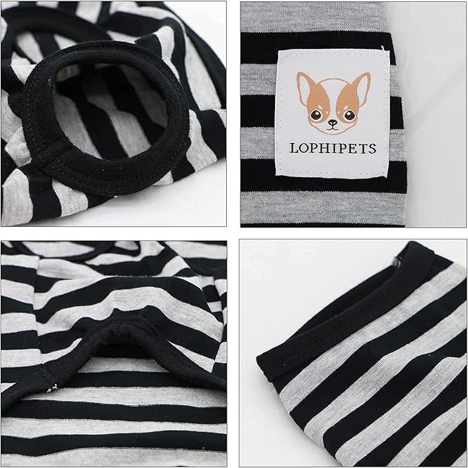 LOPHIPETS 100% Cotton Striped Dog Shirts for Small Dogs Chihuahua Puppy Clothes Tank Vest-Black and Gray Strips/L