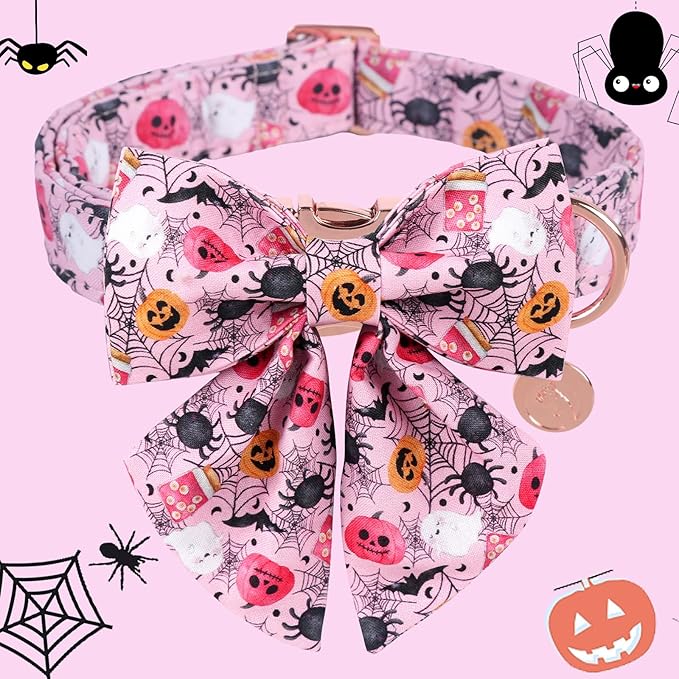 DOGWONG Fall Dog Collar with Bowtie - Fall Dog Collar Soft Cotton Autumn Dogs Necklace - Pink Halloween Puppy Necklace for Small Medium Large Dogs