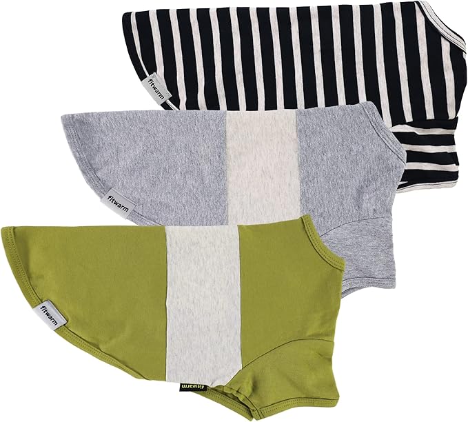 Fitwarm 3 Pack Color Block Striped Dog Shirt, Summer Dog Clothes for Small Dogs, Breathable Lightweight Pet Tshirt with Sleeves, Cat Outfit, Oliver Green, Grey, Black, XXL