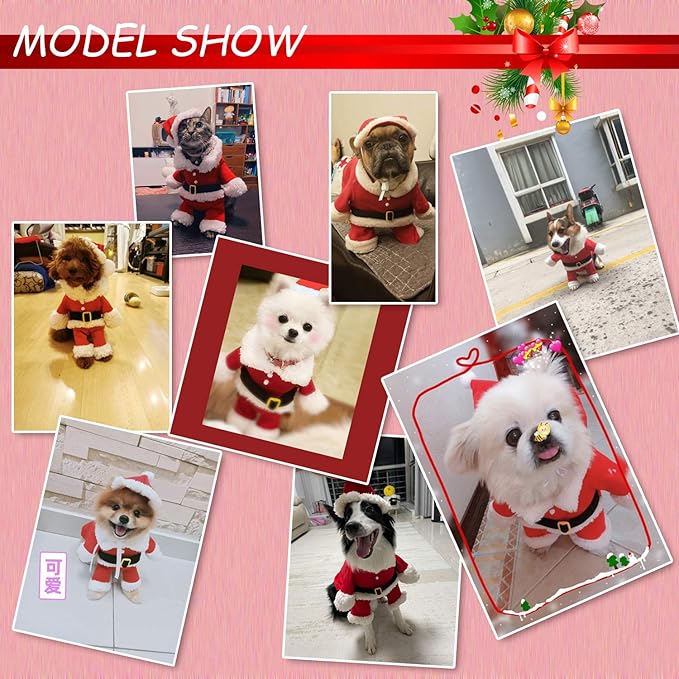 QETRABONE Santa Small Dog Costume Christmas Pet Outfits Red Christmas Santa Claus Hat Scarf Cosplay Dressing up Xmas Party Fashion New Year Clothing Accessories for Small Pet Cat Dog(Small, Santa)