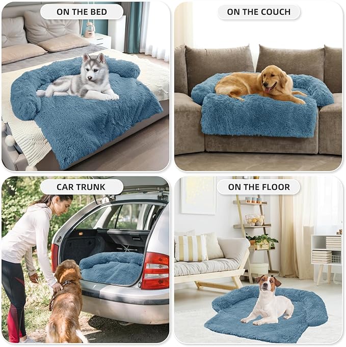Calming Dog Bed Fluffy Plush Dog Mat for Furniture Protector with Removable Washable Cover for Large Medium Small Dogs and Cats (Extra Large (53x39.3x6), Navy)