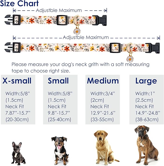 Cute Dog Collar Beige Flower Pattern for Boys and Girls Holiday Dog Collars Summer Fall Gift Adjustable for Small to Medium Breed Dogs (S)