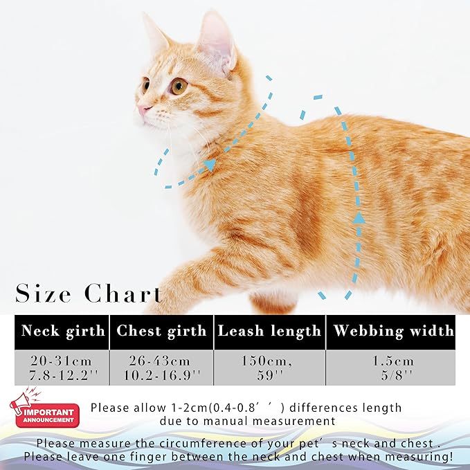 Cat Harness and Leash Set, Adjustable Kitten Harness Escape Proof Cats Harness, Soft Lightweight Walking Travel Pet Harness, Cute Kitty Harness Leash Set for Small Medium Cats, Colourful Waves