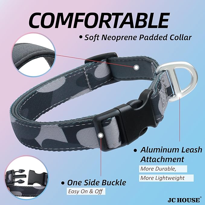 Soft Padded Dog Collar, Neck 16’’-25’’, Adjustable Heavy Duty Collar with 3M Reflective Logo for Medium, Large Dogs, Camo Dark Gray, L