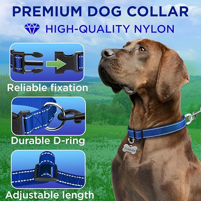 TECEUM Reflective Pet Collar – Navy Blue – M – Extra Soft Padding – Basic Nylon Dog Collar – Quick Release Buckle – Fits Small, Medium and Large Dogs, Puppies, Cats – ESA & Service Dog Options