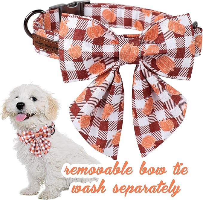 Unique Style Paws Cotton Dog Collar with Bow Halloween Pumpkin Plaid Dog Collar with Bow Tie for Small Medium Large Dogs Pets Gifts