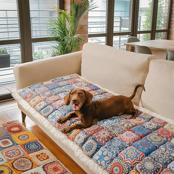 FUNNY FUZZY Pet Couch Covers for Sofa, Couch Covers for Dogs Washable Dog Couch Cover Protector Furniture Sofa Covers for Dog Handmade Pure Cotton Pet Bed Mat (Morocco Blue, 27.6"×59.1")