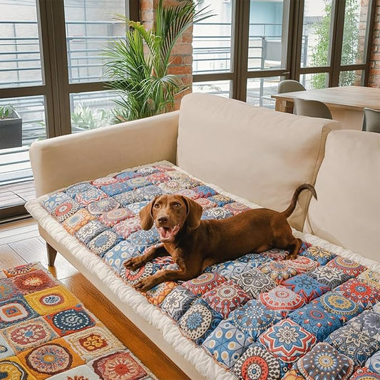 FUNNY FUZZY Pet Couch Covers for Sofa, Couch Covers for Dogs Washable Dog Couch Cover Protector Furniture Sofa Covers for Dog Handmade Pure Cotton Pet Bed Mat (Morocco Blue, 27.6"×59.1")