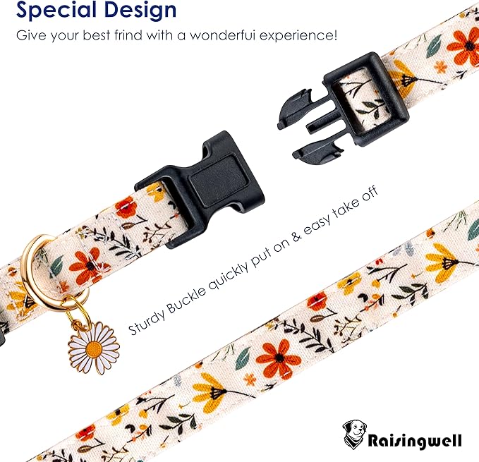Cute Dog Collar Beige Flower Pattern for Boys and Girls Holiday Dog Collars Summer Fall Gift Adjustable for Small to Medium Breed Dogs (S)