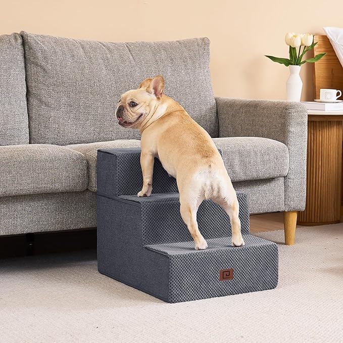 EHEYCIGA Dog Stairs for Small Dogs 16.5”H, 3-Step Extra Wide Dog Steps for Couch Sofa and Chair, Pet Steps for Small Dogs and Cats, Non-Slip Balanced Pet Ramp, Grey