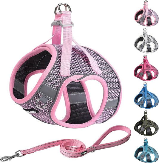 AIITLE Puppy Harness - Lightweight Air Mesh - Step in Harness with Leash - No Pull & No Choke Padded Vest - Reflective for Small Dogs Cats Pink XXS