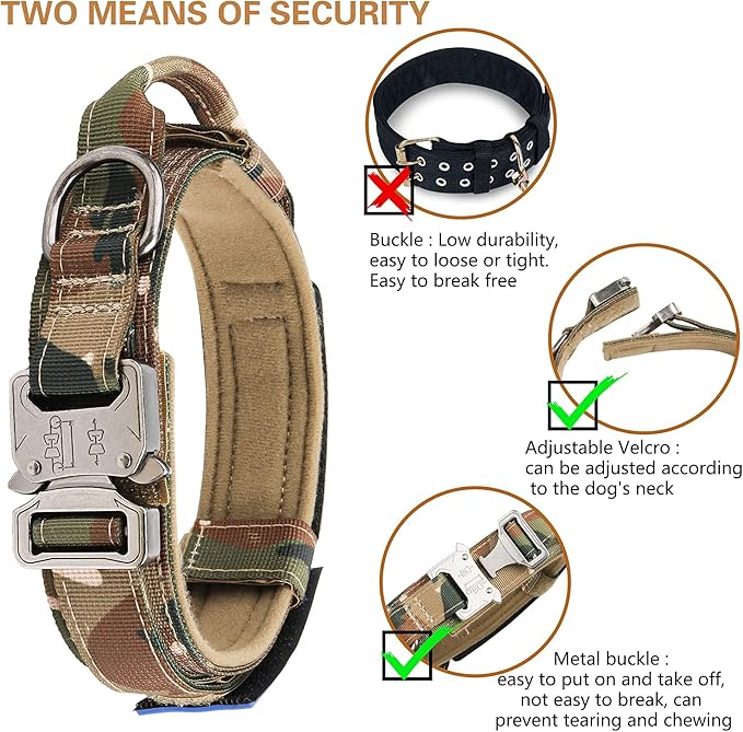 KCUCOP Tactical Dog Collar - Heavy Duty Collar with Handle and Metal Buckle, Military Thick Dog Collars for Medium and Large Dogs(Upgrade Camo-L, 2 Patches)