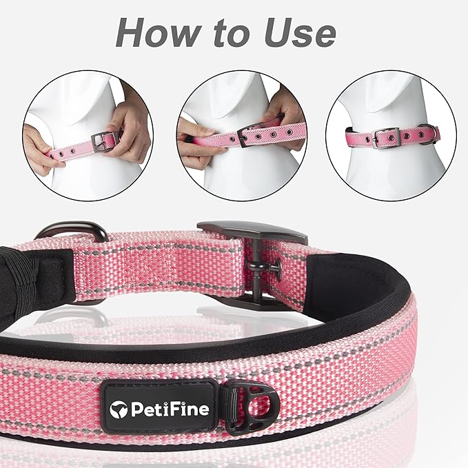 PetiFine Neoprene Padded Dog Collar, Heavy Duty Comfort Dog Collar with Durable Metal Buckle, Reflective Adjustable Belt Buckle Dog Collars for Medium Large Dogs(24''-28'', Pink)