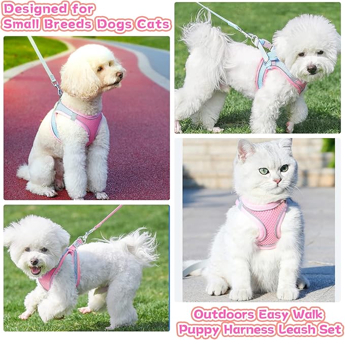 Soft Small Dog Harness and Leash Set Mesh Puppy Harnesses Leash Easy Walk Dog Harness Vest Adjustable Reflective No Pull Dog Harnesses for Small Dogs Cats (Pink Blue,XXS)