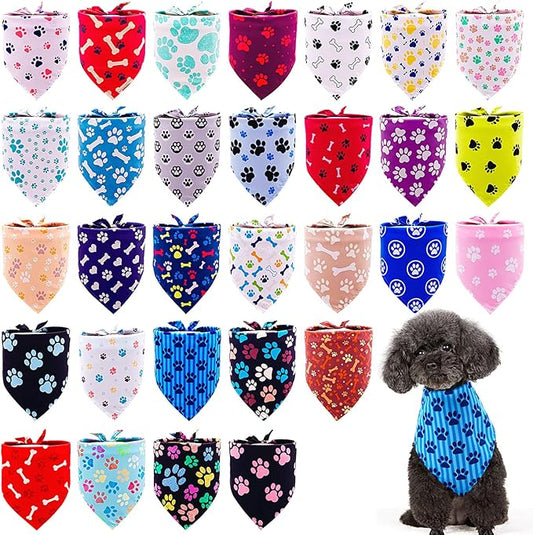 30 Pcs Paw Print Extra Small Dog Bandanas Bulk for Doggies Kittens Rabbits Cat Scarves Daily Party Bone Puppy Triangle Bibs XXSmall Pet Breed Scarf for Girl Boy Handkerchief Reversible