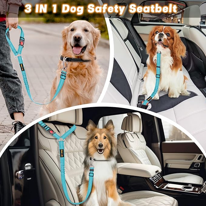 Dog Seat Belt Harness for Car, Dog Car Leash with Car Headrest & Buckle, Reflective Short Dog Leash, Pet 15 Inch Heavy Duty Leash for Dogs with Padded Handle & Locking Carabiner Clip, Sky Blue