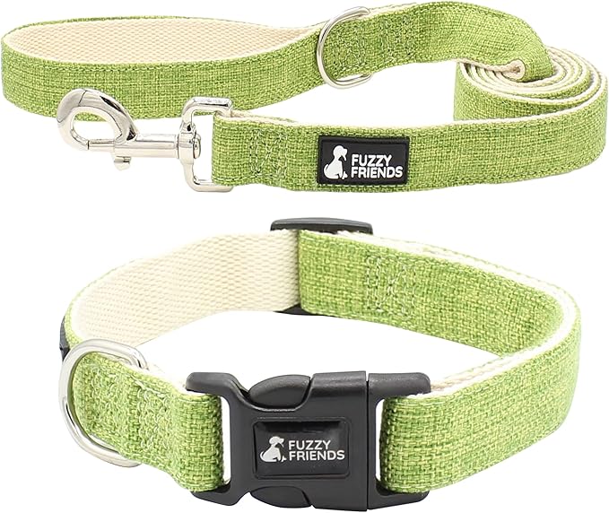 Green Hemp Dog Collar and Leash Set - Hypoallergenic Dog Collar - Comfortable for Sensitive Skin or Allergies with no Harsh Dyes or Chemicals - 5 Sizes from X-Small to x-Large Breeds