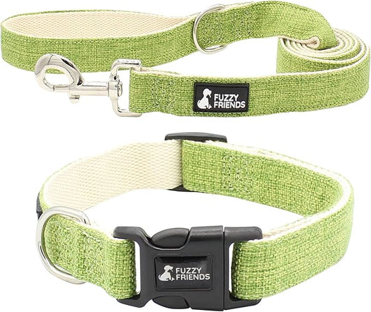 Green Hemp Dog Collar and Leash Set - Hypoallergenic Dog Collar - Comfortable for Sensitive Skin or Allergies with no Harsh Dyes or Chemicals - 5 Sizes from X-Small to x-Large Breeds