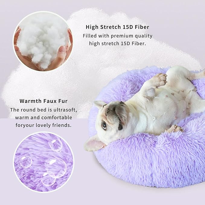 Purple Dog Bed Medium Size Dog 23 Inch Anti-Anxiety Donut Cuddler Bed, Warming Cozy Soft Fluffy Faux Fur Plush
