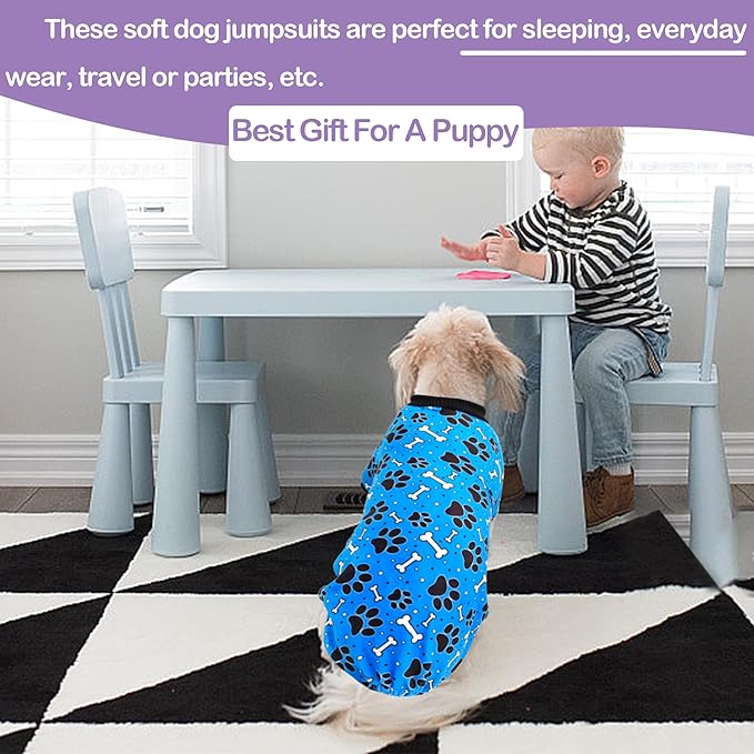 PET SHOW 4 Pack Small Dog Pajamas Paw Bone Patterns Cute Clothes for Medium Dogs Soft Stretchy PJs 4 Legged Jumpsuit Puppy Cats Onesies Outfits with Sleeve Dachshund Doggies Girl Boy (Large)