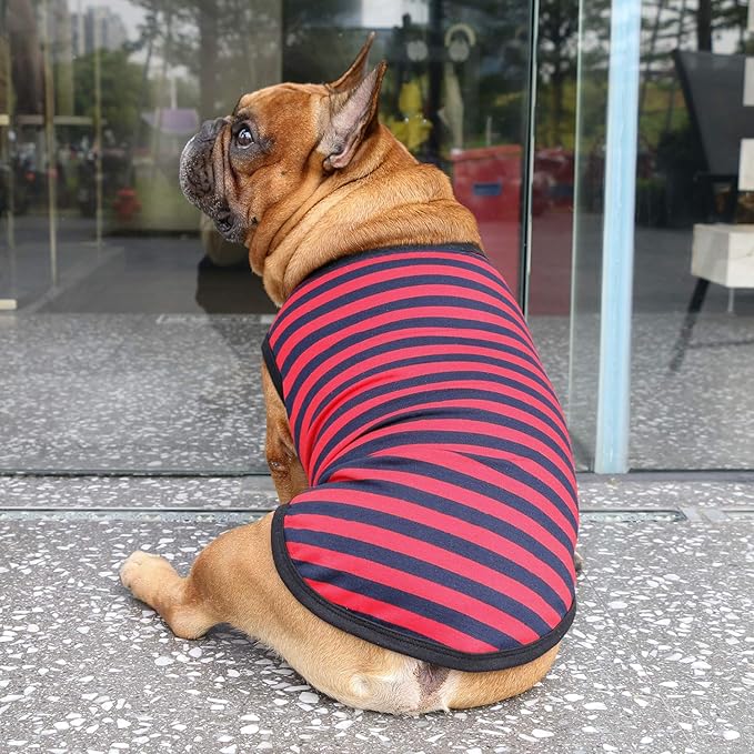 iChoue Pug 100% Breathable Cotton Striped T Shirts Halloween Vest Clothes for Medium Dogs Tank Tops Puppy French Bulldog Frenchie English Boston Terrier Pitbull Red Blue Stripes - Small