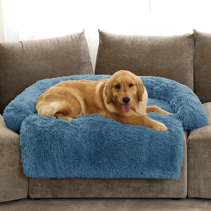 Calming Dog Bed Fluffy Plush Dog Mat for Furniture Protector with Removable Washable Cover for Large Medium Small Dogs and Cats (Extra Large (53x39.3x6), Navy)