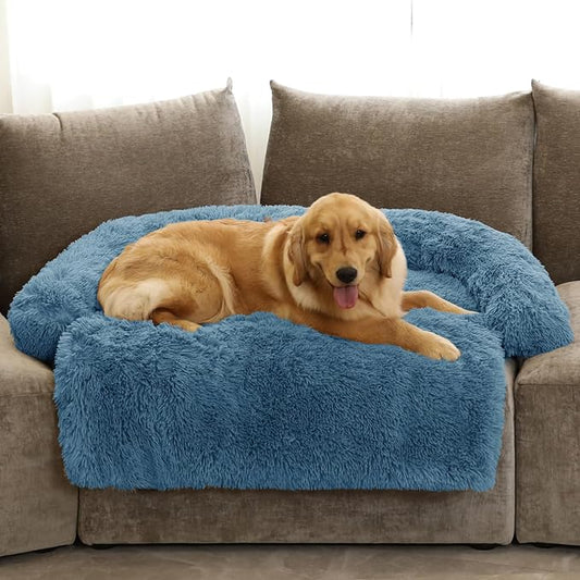 Calming Dog Bed Fluffy Plush Dog Mat for Furniture Protector with Removable Washable Cover for Large Medium Small Dogs and Cats (Extra Large (53x39.3x6), Navy)