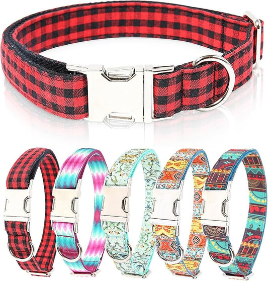 Timos Dog Collar, Adjustable Soft Dog Collar for Small Medium Large Dogs, Patterned Puppy Collars with Quick Release Buckle for Boy and Girl Female Dogs (Black Red Plaid, Large)
