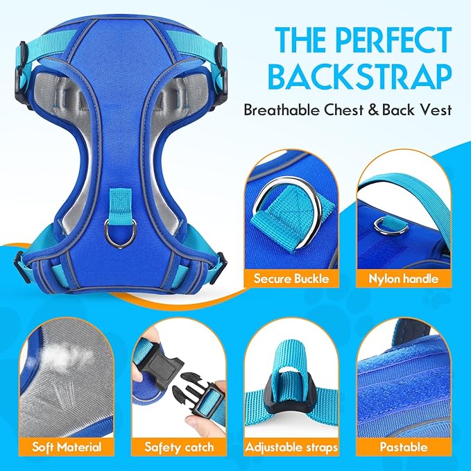 Dog Harness Adjustable Reflective Easy Control for Medium/Large Dog Harness with A Free Heavy Duty 5ft Dog Leash (XL (Neck: 23.6"-31", Chest: 26.7"-36.6") (Blue, Extra Large)