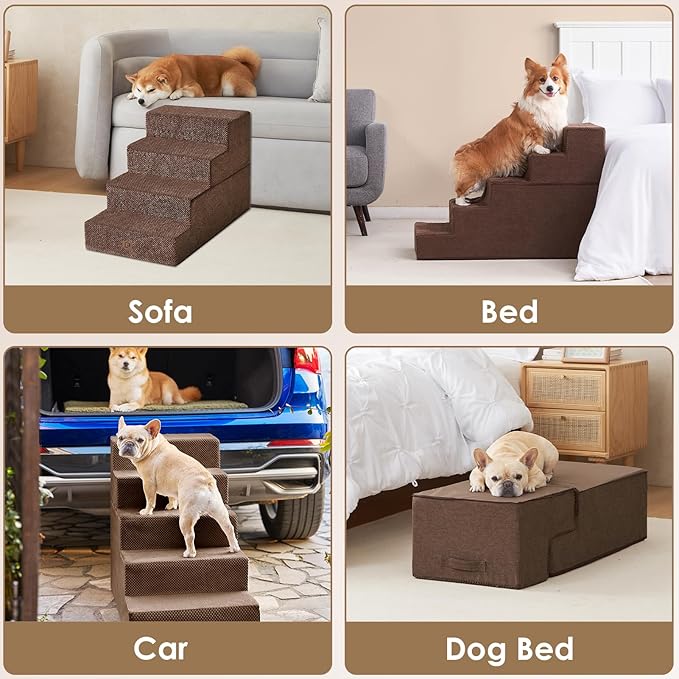EHEYCIGA Dog Stairs for High Bed 25”H, 5-Step Extra Wide Dog Steps for Bed, Pet Steps for Small Dogs and Cats, Non-Slip Balanced Dog Indoor Ramp, Brown