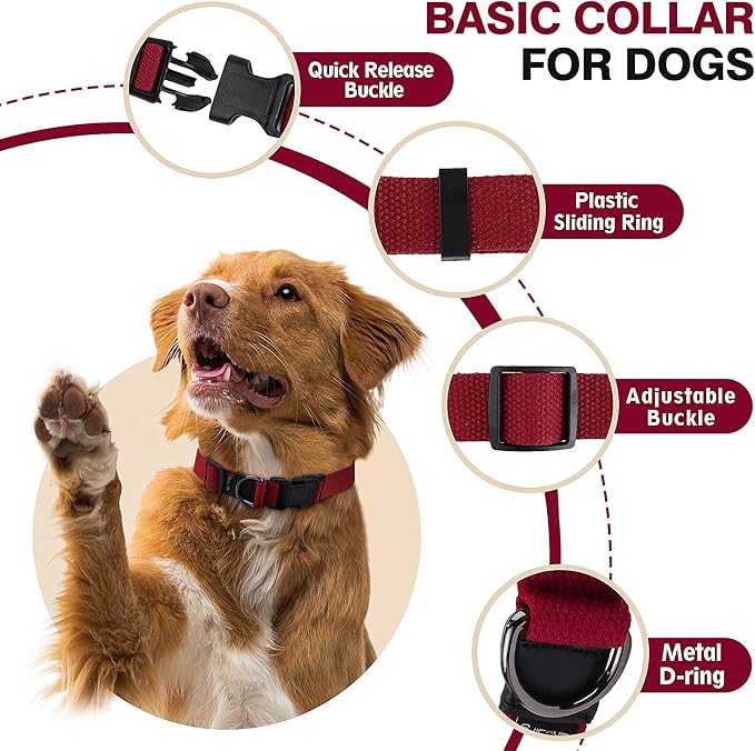 Cotton Soft Dog Collar, Quick Release Dog Collar with Buckle, Heavy-Duty Adjustable Pet Collar for XS Small Medium Large Dog, Colorfast Dog Collars with Removable Tag(L, Red)