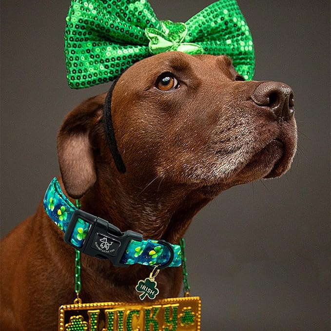Elegant little tail St Patrick's Dog Collar-Green Cute Colver Cotton Shamrock Pet Collar Trefoil Holiday Adjustable Cotton Pet Collar with Quick Release Buckle for Small Medium Large Dogs