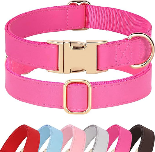 PET ARTIST Soft Leather Dog Collar, Bright & Stylish Hot Pink Dog Collar Girl, Durable & Heavy Duty Nylon Pet Collar with Quick Release Metal Buckle Adjustable for Large Dogs, Neck Fit 16-27"