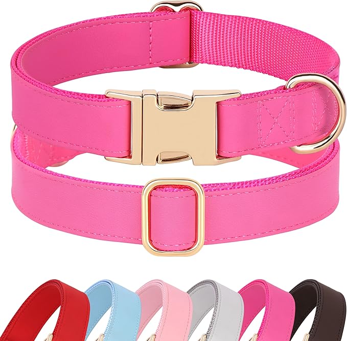 PET ARTIST Soft Leather Dog Collar, Bright & Stylish Hot Pink Dog Collar Girl, Durable & Heavy Duty Nylon Pet Collar with Quick Release Metal Buckle Adjustable for Small Dogs, Neck Fit 9-14"