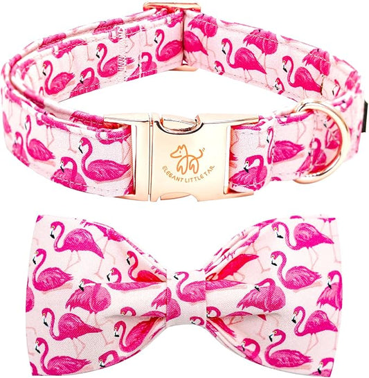 Elegant little tail Dog Collar, Pink Flamingos Puppy Collars Pet Collar with Bow Girl Cotton Bowtie Collars Spring Gift Adjustable Dog Collar for X-Large Dogs