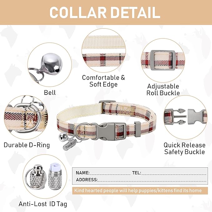 GAMUDA Small Dog Harness Collar and Leash Set, Step in No Chock No Pull Soft Mesh Adjustable Dog Vest Harnesses Plaid Reflective for Dogs Puppy Cats Kitten Rabbit (Warm Beige, XXS)