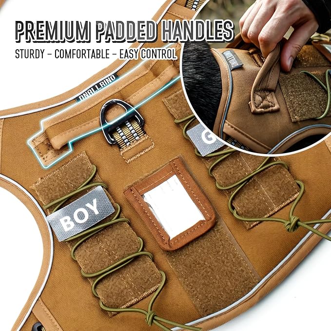 Tactical Dog Harness for Medium Large Dogs, Heavy Duty Dog Harness with ID Card, Reflective Hiking Harness for Training Easy Control Dog Vest with Handle Brown