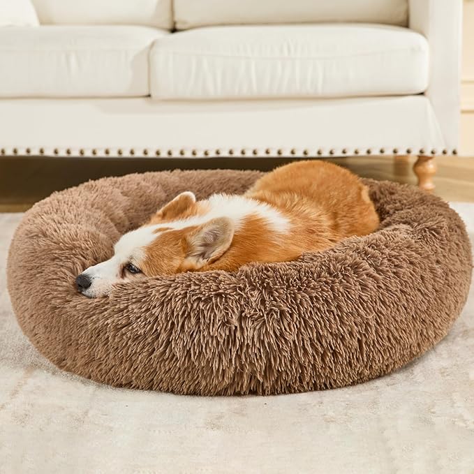 Dog Calming Beds for Small Medium Large Dogs - Round Donut Washable Puppy Dog Bed, Anti-Slip Faux Fur Fluffy Donut Cuddle Anxiety Cat Pet Bed(32'' Khaki