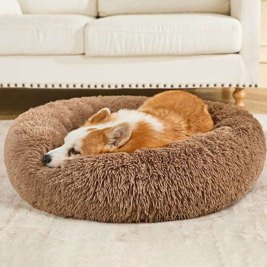 Dog Calming Beds for Small Medium Large Dogs - Round Donut Washable Puppy Dog Bed, Anti-Slip Faux Fur Fluffy Donut Cuddle Anxiety Cat Pet Bed(32'' Khaki